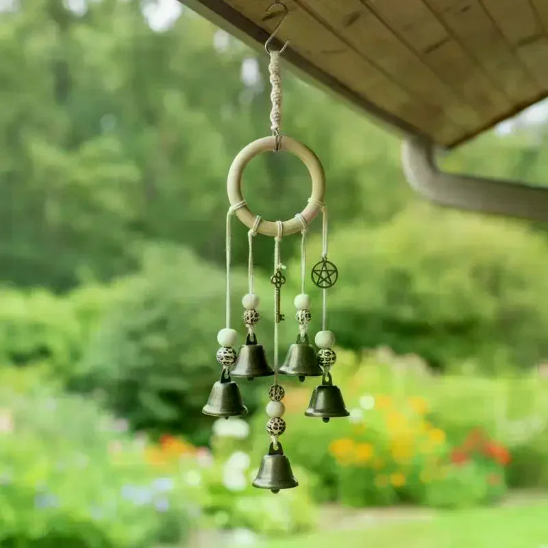 Bohemian Wind Chime With Natural Wooden Hoop And Vintage Metal Bells Perfect For Porch Balcony Boho Style Home Wall Decoration Qme