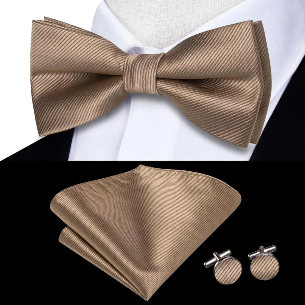 Beige Champagne Gold Mens Bow Tie Hanky Cufflinks Jacquard Floral Pre