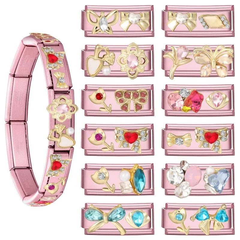 Shiny Colorful Zircon Bowknot Butterfly Garland Italian Charm Links Fit 9mm Stainless Steel Bracelet Women Y2K DIY Making Gift Qme