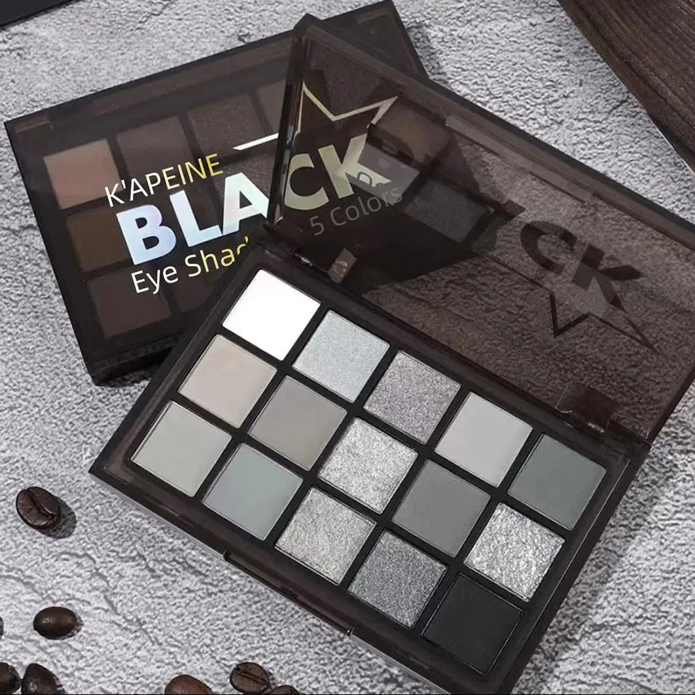 15Colors Black Grey Smokey Eyeshadow Palette, Matte Black White Gray Silver Smoky Eye Shadow, Black Eyeshadow Makeup Goth Look Qme