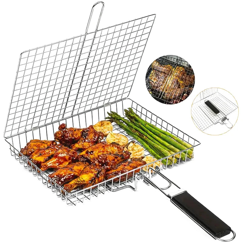 Non Stick Grilling Basket Grill Mesh Foldable 304 Stainless Steel BBQ Qme