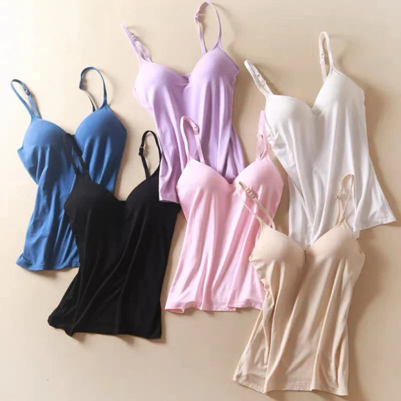 Adjustable Padded Bra Tank Top Women Modal Spaghetti Solid Cami Top Vest Female Camisole with Built in Bra Fitness Clothing Qme