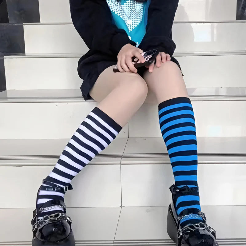 Women Black White Stripe Knee Socks Sweet Lolita Harajuku Stocking Qme