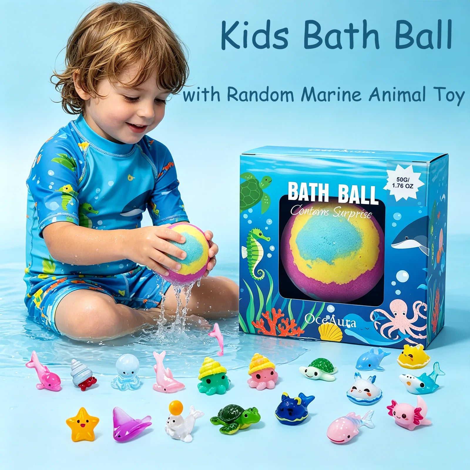 OceAura Kids Bath Ball with Random Marine Animal Toy for Over 3 Years Old Kids Skin Friendly Rich Foam Moisturizing Bath Ball Qme