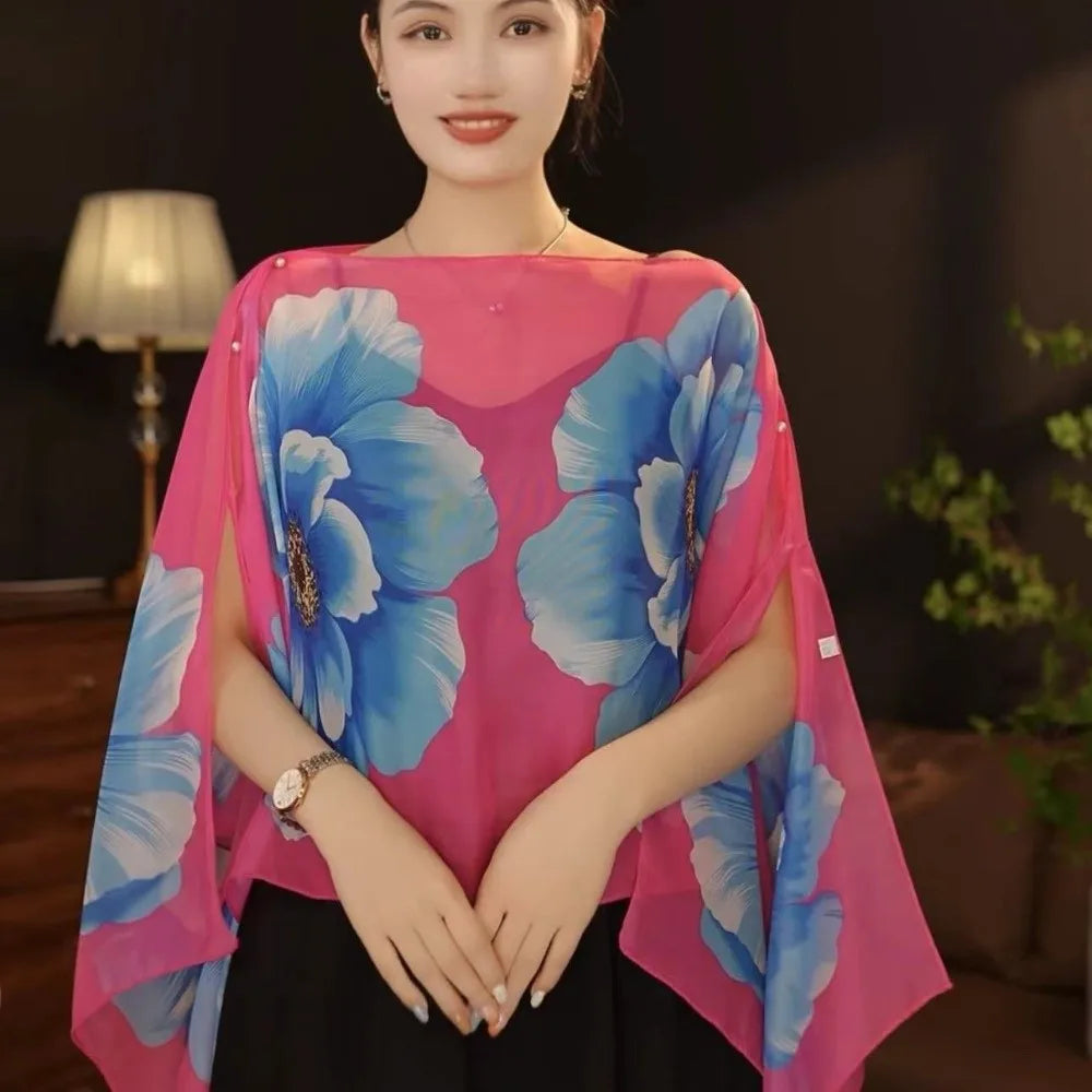 Multifuctional Breathable Shawl Flower Pattern Long Length Sun Protection Shawl Lightweight Breathable Fabric Chiffon Scarf Qme Style D
