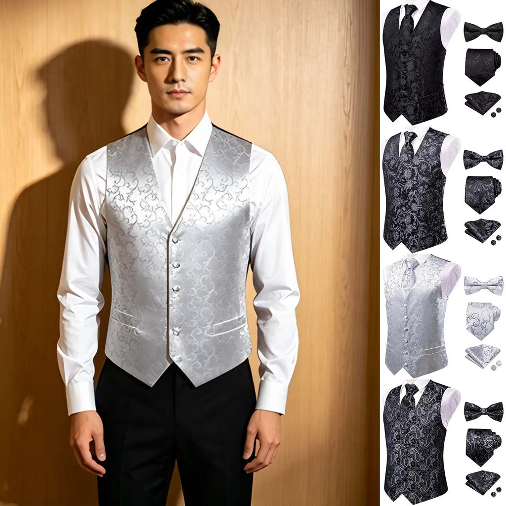 Men Black Grey Paisley Pattern V Collar Vest Full Wedding Party Qme