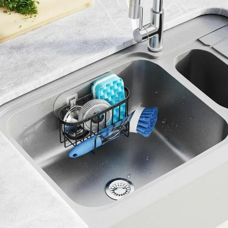 Sink Organizer - Stainless Steel Suction Sponge Stand - Fast-Draining, Easy-Clean Holder with Hook for Modern Kitchens Qme