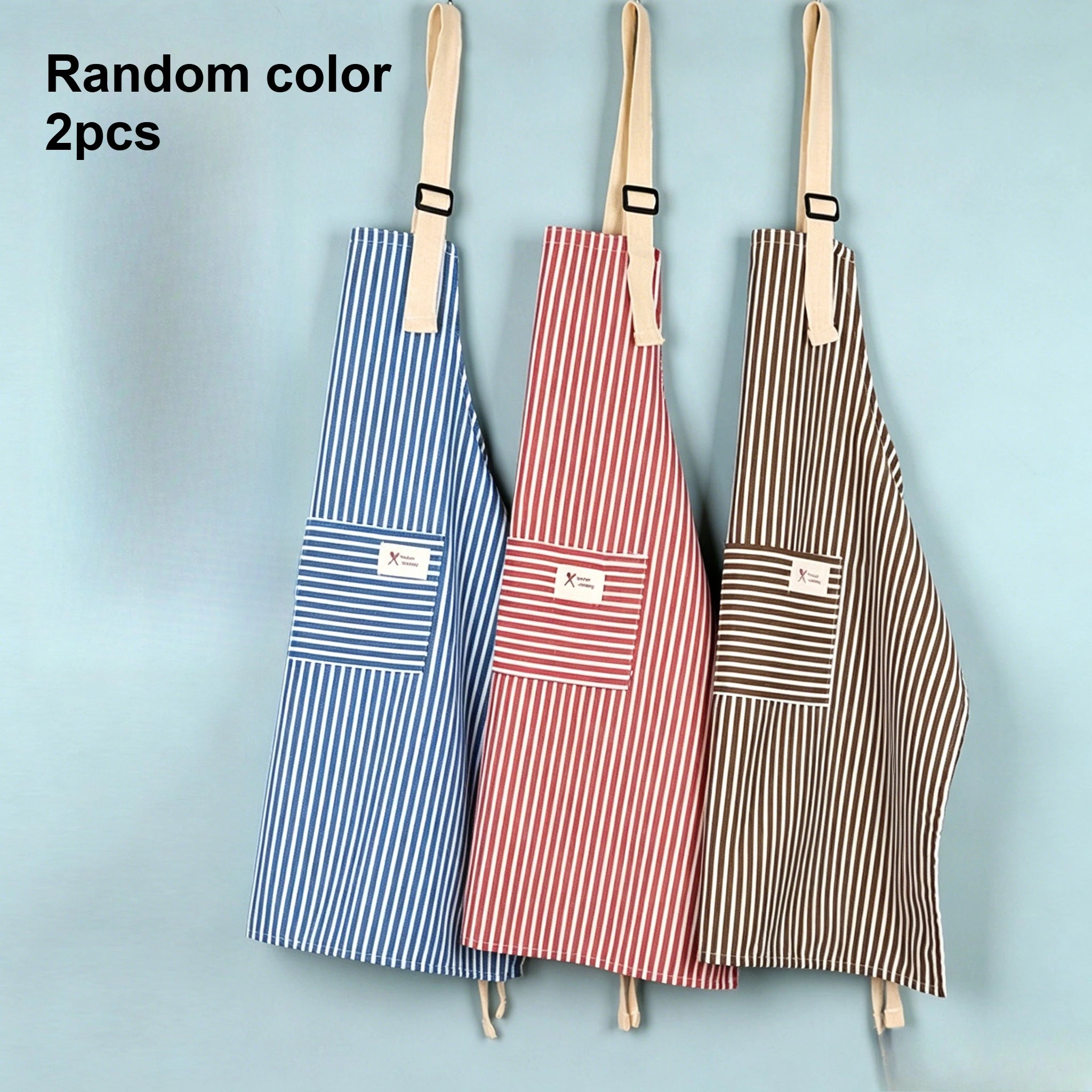 Striped Cotton Linen Apron, Adjustable Neck Strap, Kitchen Cooking Apron With Pocket, For Women Men Qme Random color 2pcs