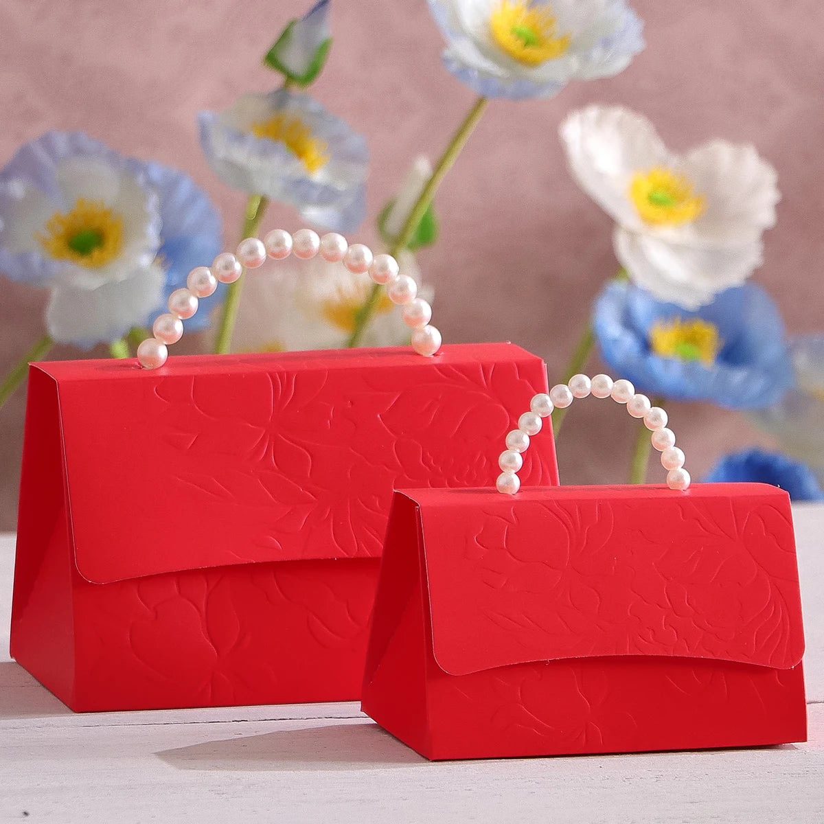 Set of 5 Luxurious Wedding Mini Gift Boxes with Letterpress Floral Design and Simulated Pearl Handles, Elegant Gift Boxes for Us Qme S-Red-5Pcs Other Other