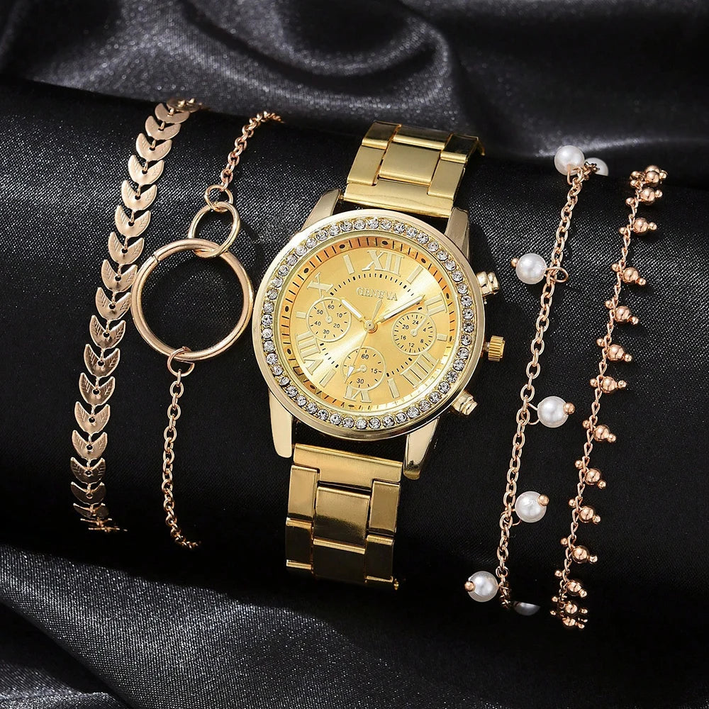 5PCS Quartz Watch Set Women Fashion Silver Round 3 Eyes Alloy Strap Wristwatch Gift Rhinestone Watch For Women Jewelry Set Qme 7