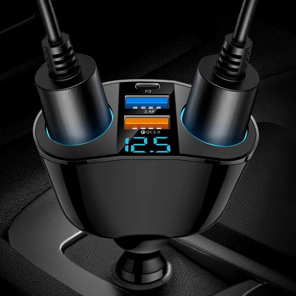 Car Cigarette Lighter Socket Splitter PD QC3.0 12V-24V Auto Cigarette Lighter Adapter Blue Atmosphere Light for Mobile Phone DVR Qme