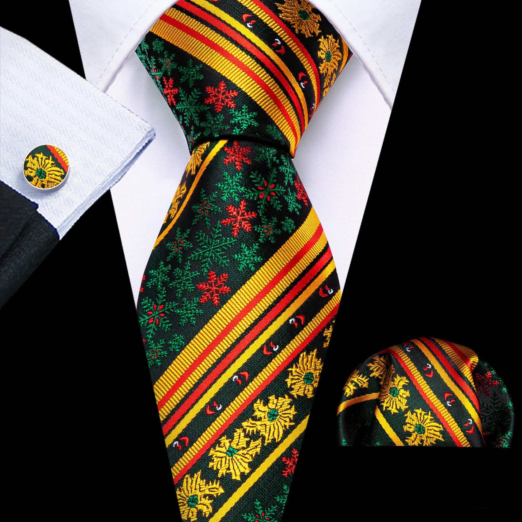 Christmas Green Tie Set 3 Pieces Men Necktie Pocket Square Cufflinks Xmas Wedding Party Suit Accessories Gifts for Dad Boyfriend Qme LDSN6542
