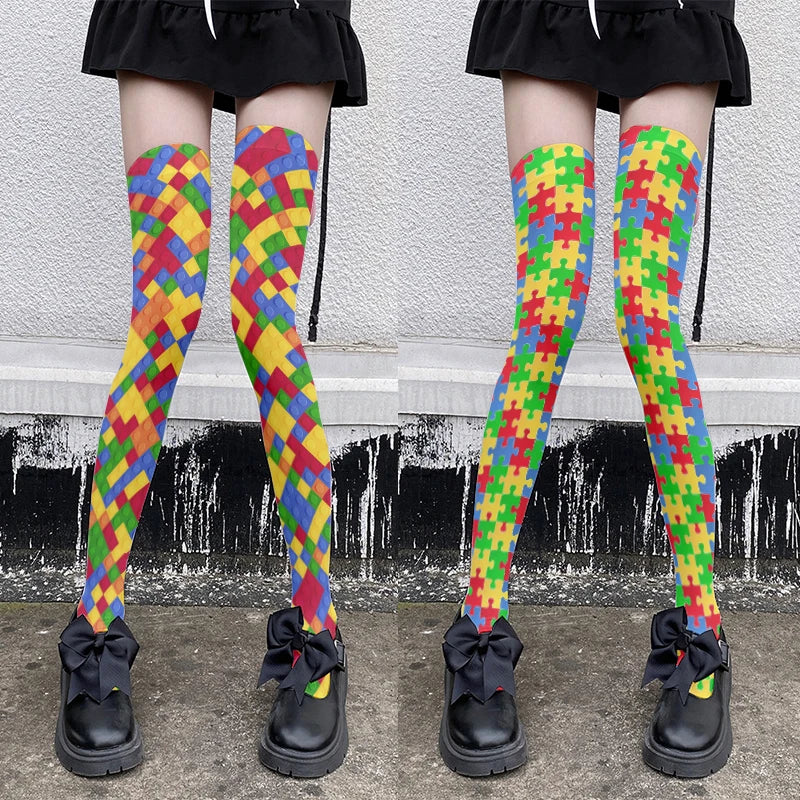 Novelty Puzzle Pattern Stockings Harajuku Sexy Plaid Knee Socks Qme
