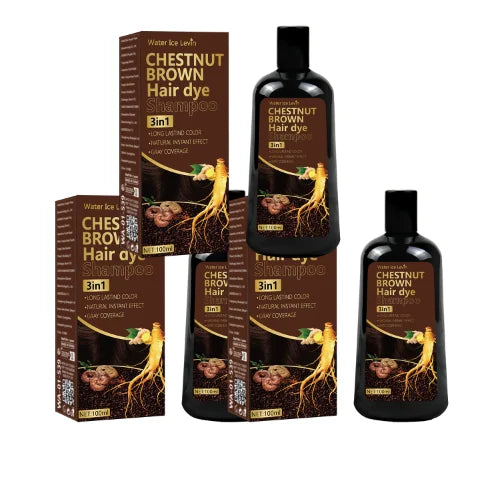 Water Ice Levin 3-in-1 Chestnut Brown Hair Dye Shampoo with Ginger & Ginseng for Instant Gray Coverage & Long-Lasting Color Qme Smoothing & Straightening