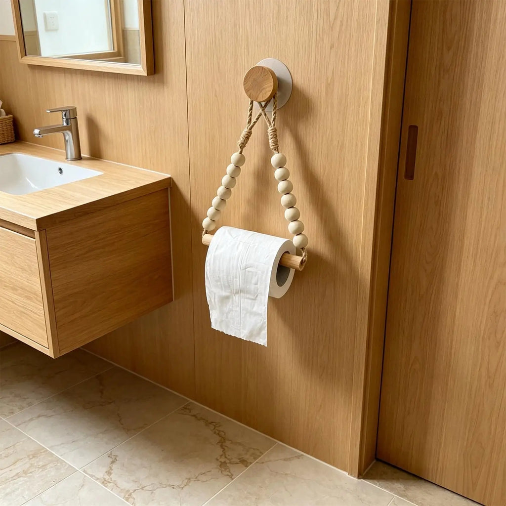 Wood Toilet Paper Holder Natural Wall Mounted Wooden Bead Stand Roll Qme