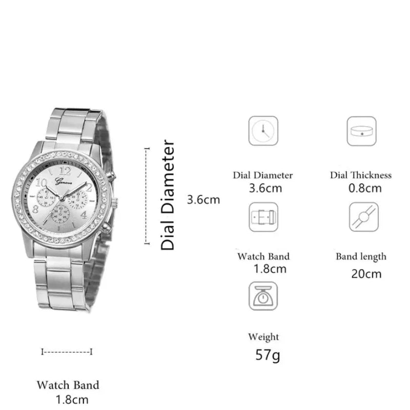 Women Quartz Watch Luxury with Diamonds Simple Stainless Steel Strap Clock Ring Necklace Earrings Rhinestone Set Reloj (no Box) Qme