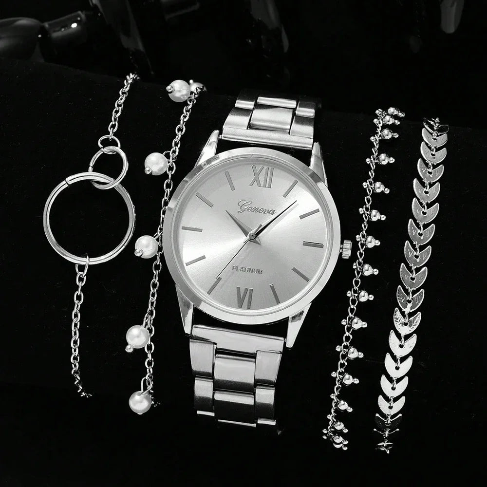 5PCS Quartz Watch Set Women Fashion Silver Round 3 Eyes Alloy Strap Wristwatch Gift Rhinestone Watch For Women Jewelry Set Qme 3