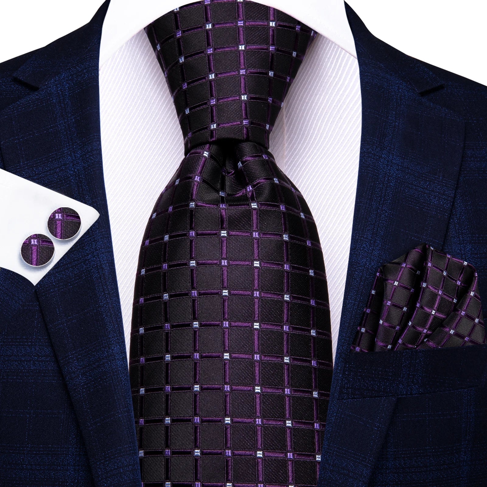 Hi-tie Fashion Blue Plaid Dots Men's Elegant Tie Handkerchief