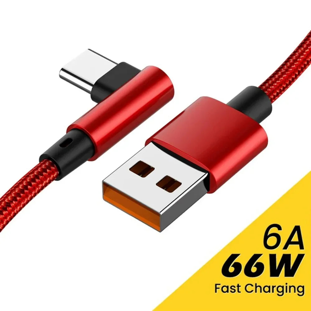 90 Degree Elbow Type C Fast Charging USB Cable For Xiaomi Redmi POCO Huawei Honor OPPO Realme Vivo OnePlus Nylon Braided Cables Qme Red 0.25m Type-C to USB-A
