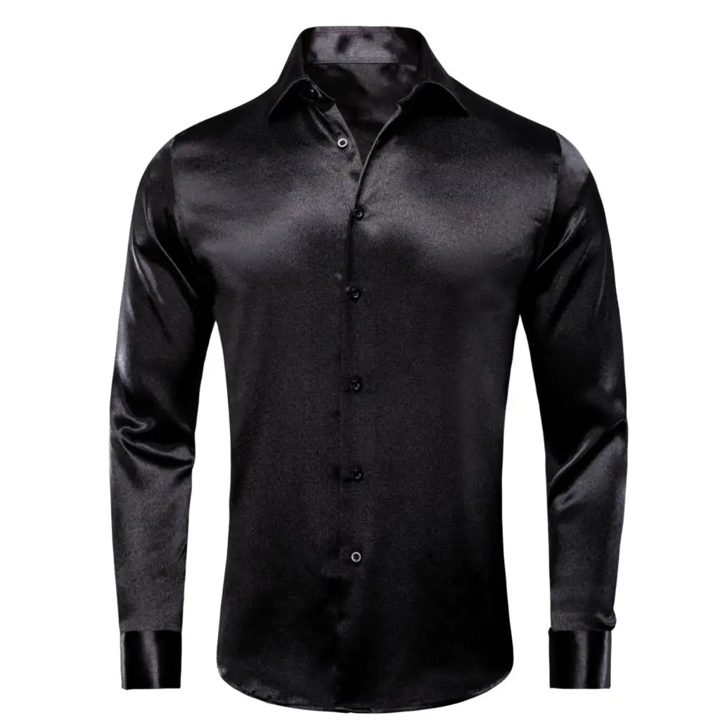 Hi-tie Plain Satin Silk Mens Dress Shirts Long Sleeve Suit Shirt Qme CY-1503 L