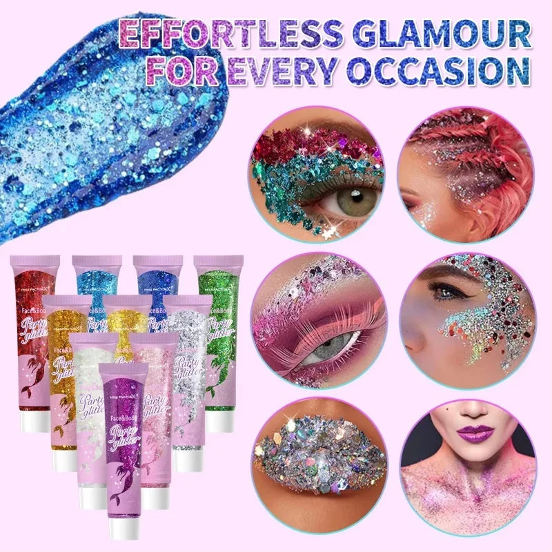Sparkling Sequins Glitter Gel Stick 10 Color Body Glitter Gel Cosmetic Hair Glitter Festival Makeup for Christmas Party Qme