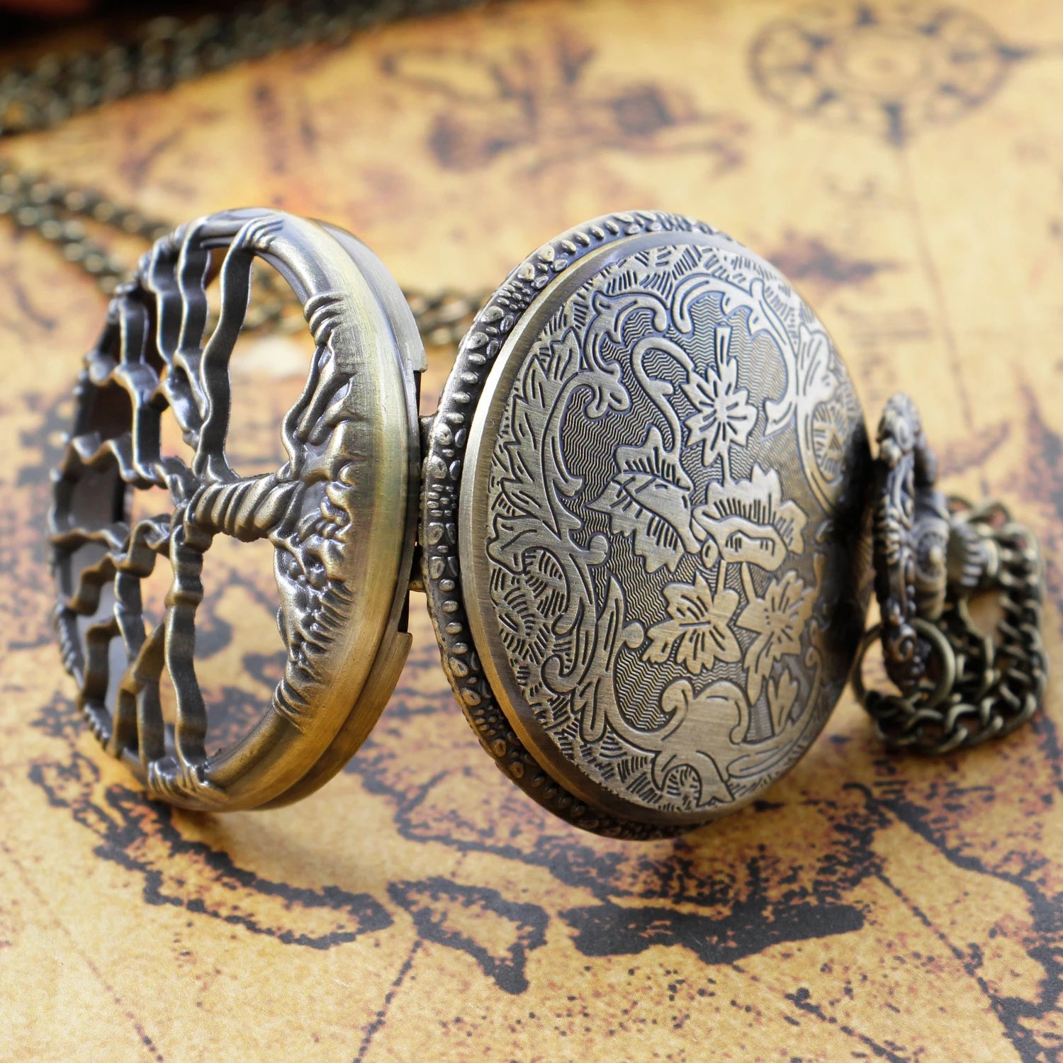 Steampunk Retro Bronze Hollow Tree of Life Quartz Pocket Watch with Fob Women's Watch Pendant Necklace Chain Men's Gift CF1088 Qme