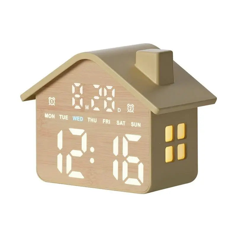 House Shaped LED Digital Alarm Clock Date Week Brightness Adjustment Qme yellow