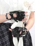 Women Black Fingerless Gloves Sexy Bandage Rivet Personality Buckle Qme black