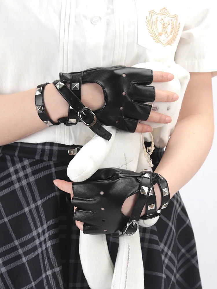 Women Black Fingerless Gloves Sexy Bandage Rivet Personality Buckle Qme black