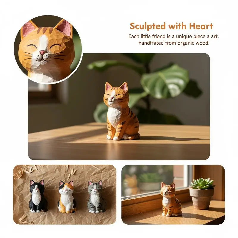 Carved Wooden Kitten Figurine Adorable Mini Cat Ornament Home Bedroom Qme