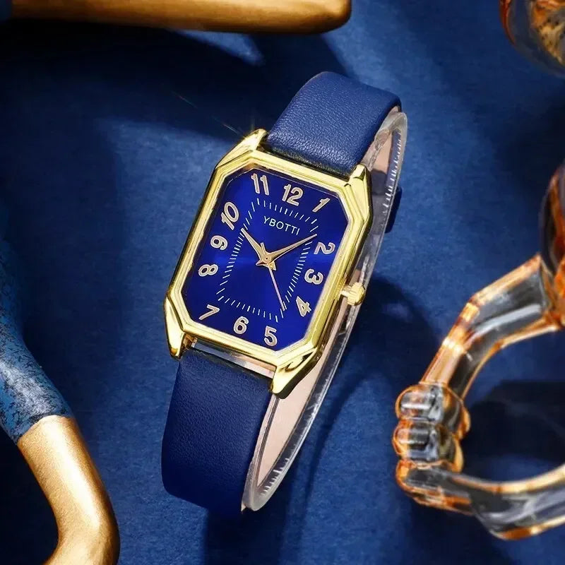Luxury Fashion Square Women's Watches Brand Ladies Quartz Wristwatch Classic Simple Femme Blue Leather Band Relogio Feminino Qme