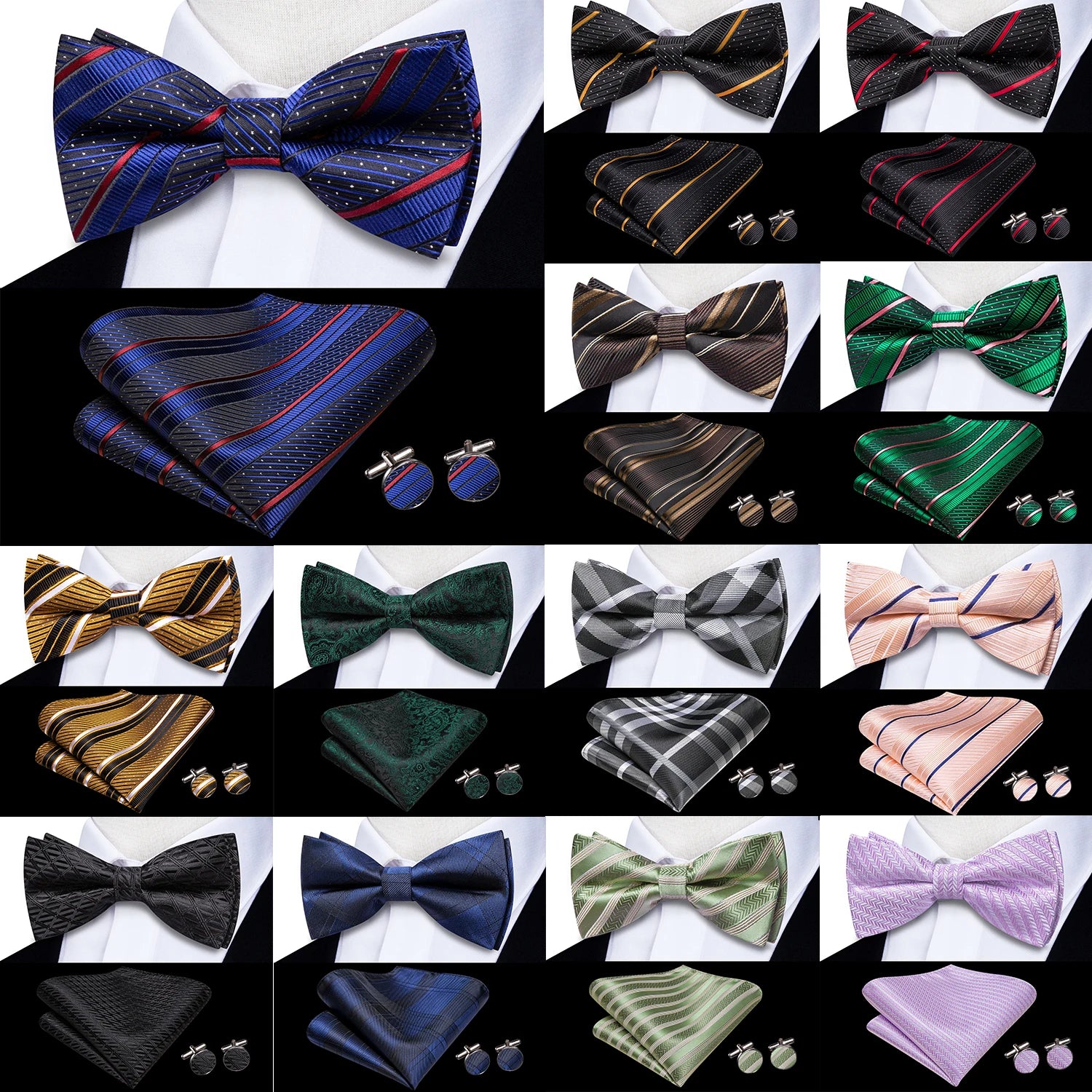 Hi-tie Silk Mens Striped Bow Tie Royal Blue Red Hanky Cufflinks Qme