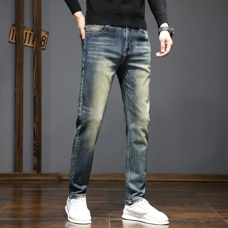 High-quality American retro jeans men's 2025 autumn new micro-elastic popular wear-resistant wash slim straight pants Qme