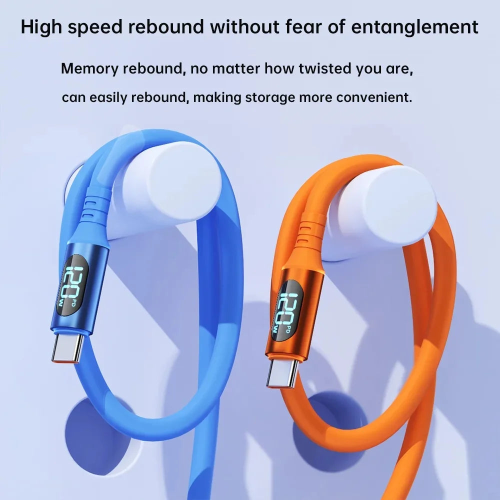 USB C To Type C 120W Data Cable Fast charging LED Digital Display Wire PD Quick Charge Cord For Samsung iPhone 17 16 Pro Xiaomi Qme
