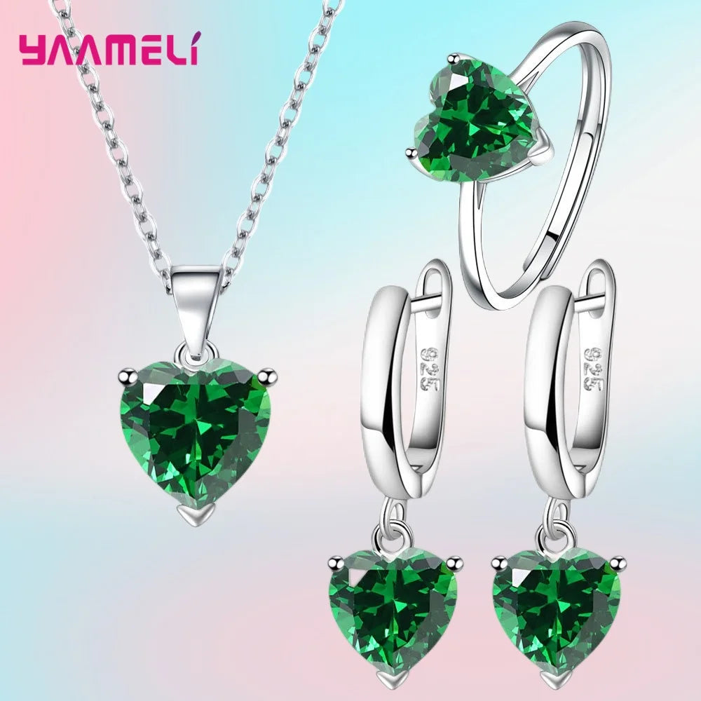 Fine 925 Sterling Silver Color Jewelry Gift Sets for Women Female Romantic Heart Zircon Huggie Earrings Pendant Necklace Ring Qme Green