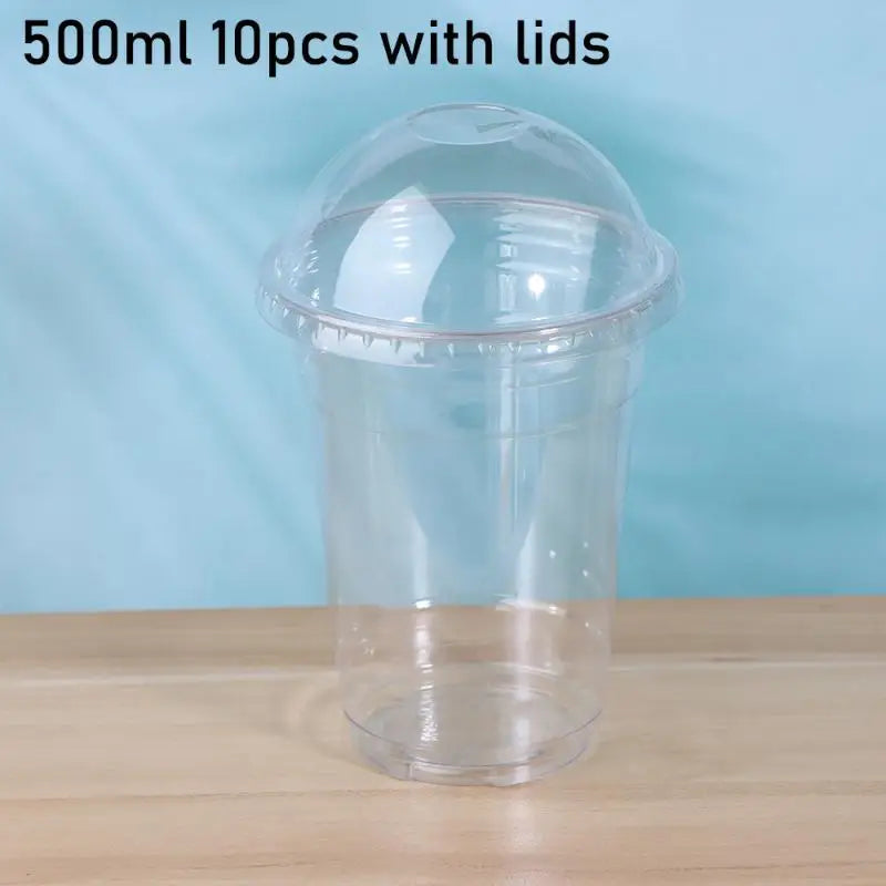 Disposable Clear Plastic Cups Lid 100 Straws Fruit Juice Milk Tea Qme 500ML