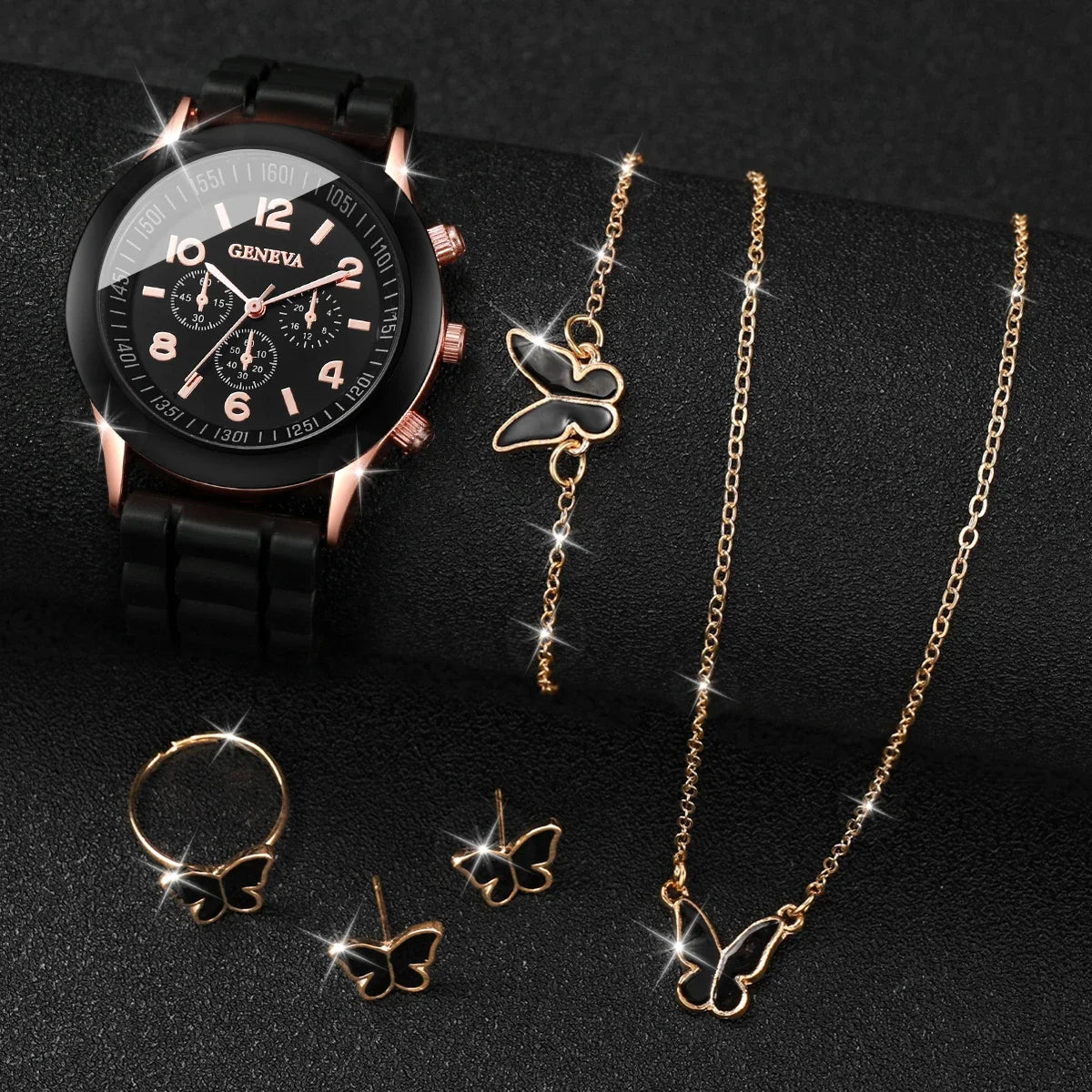 Mulheres Relógio Quartzo de Genebra, Pulseira de Silicone, Conjunto de Jóias Borboleta sem Caixa, Fashion, 5 peças por conjunto Qme black