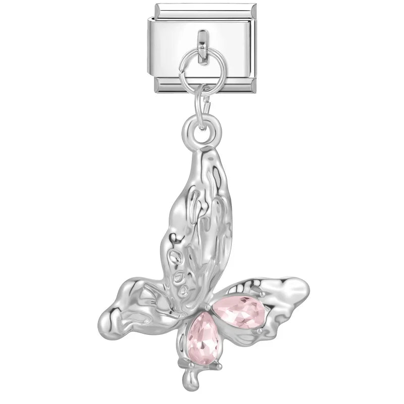 New 2026 Fashion Sweet Pink Moon Star Butterfly Pendant Italian Charm Links Fit 9MM Stainless Steel Bracelet DIY Making Gifts Qme Style 15