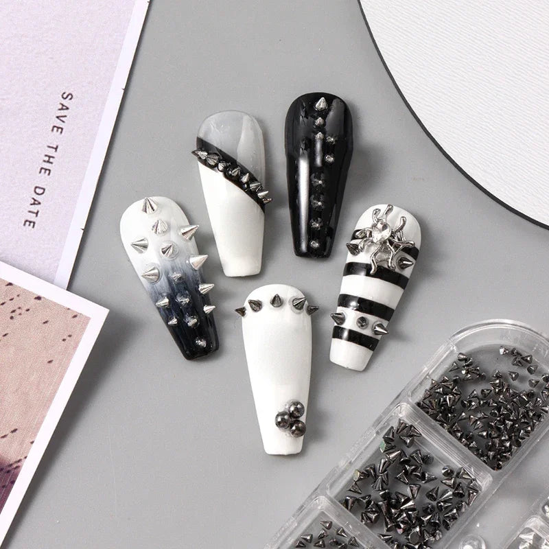 6 Grids Y2K Punk Metal Rivet Nail Charms Cone Mixed Sized Black Qme