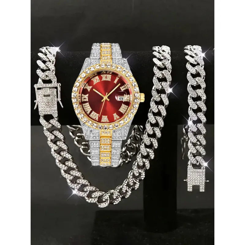 3-piece set hip-hop watch set with rhinestone bracelet and necklace, quartz Qme Gold