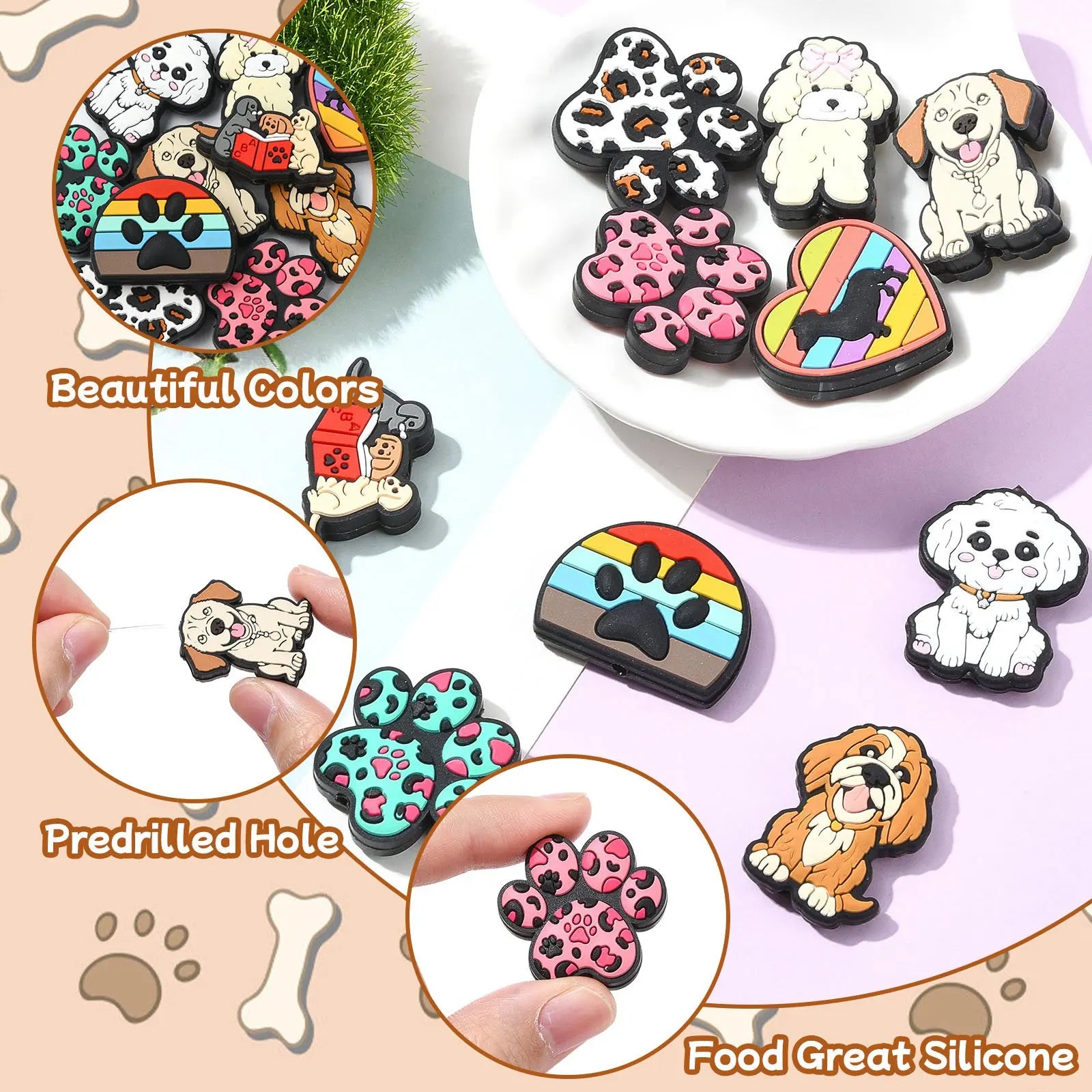 PandaHall 12Pcs Dog Silicone Focal Beads Pet Animal Puppy Silicone Beads Dog Paw Rubber Beads for Beaded Lanyards Jewelry Making Qme