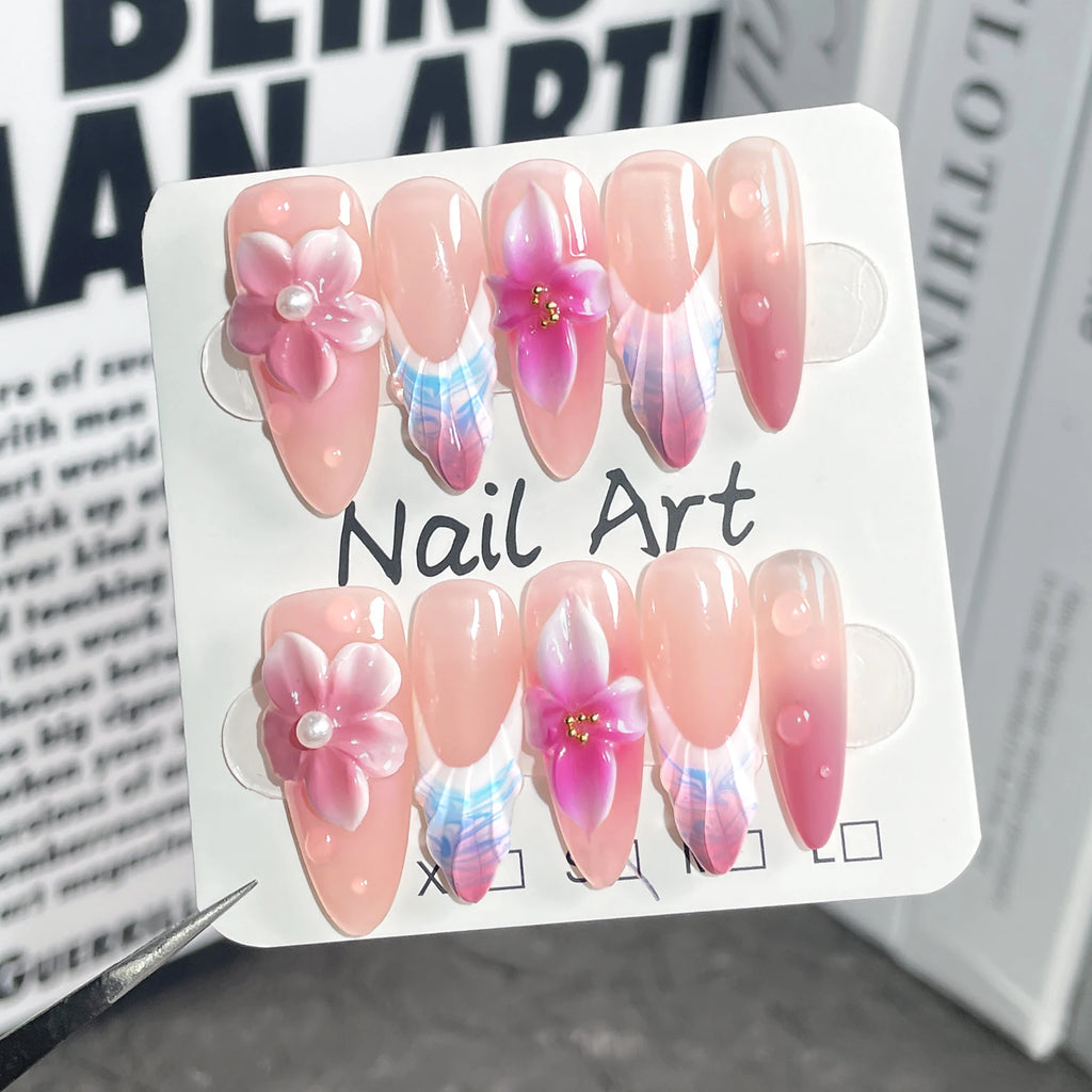 Y2K Cool Spice Girls Black Pink Long Tip Handmade Press Nails Cross Qme ZB33-S