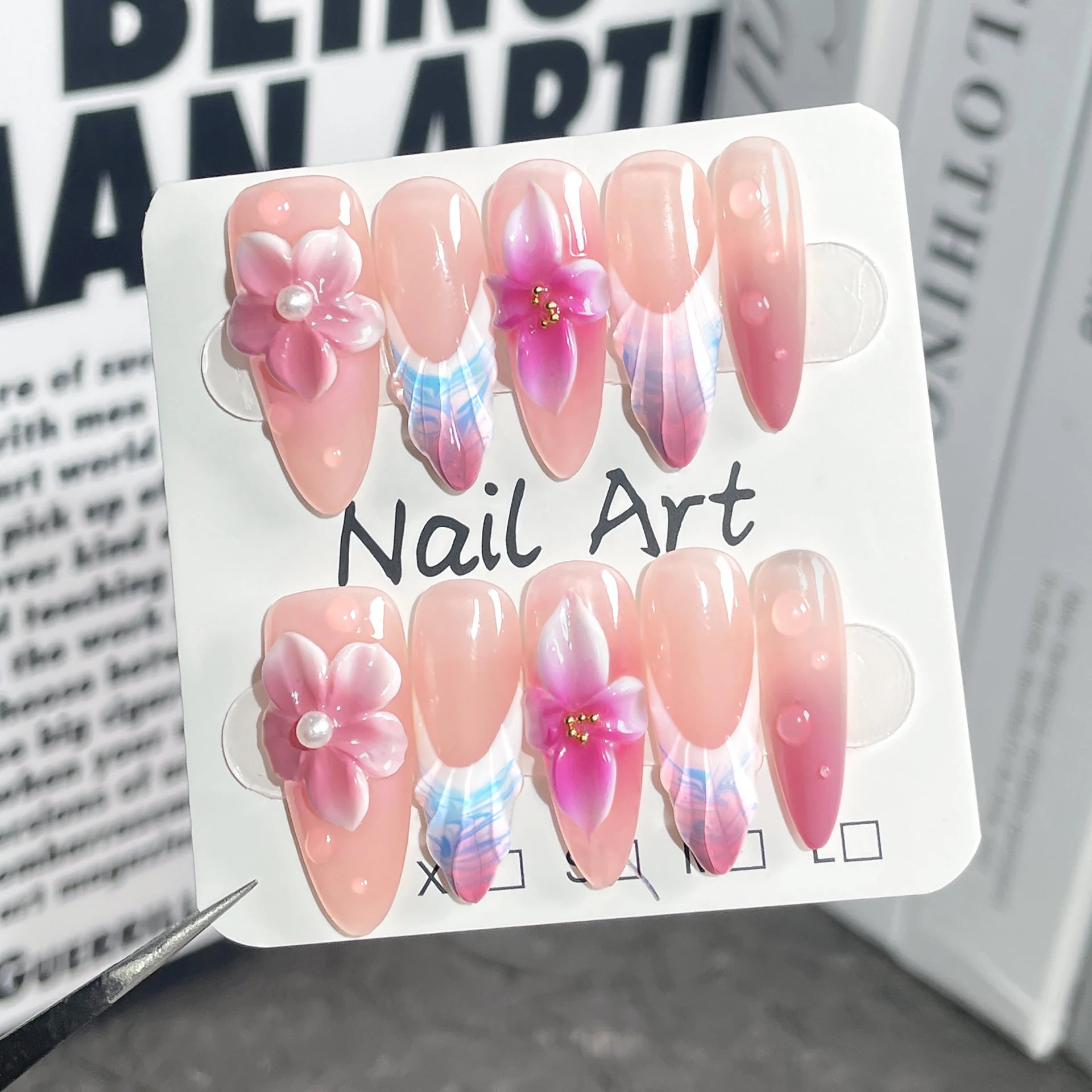 Y2K Cool Spice Girls Black Pink Long Tip Handmade Press Nails Cross Qme ZB33-S