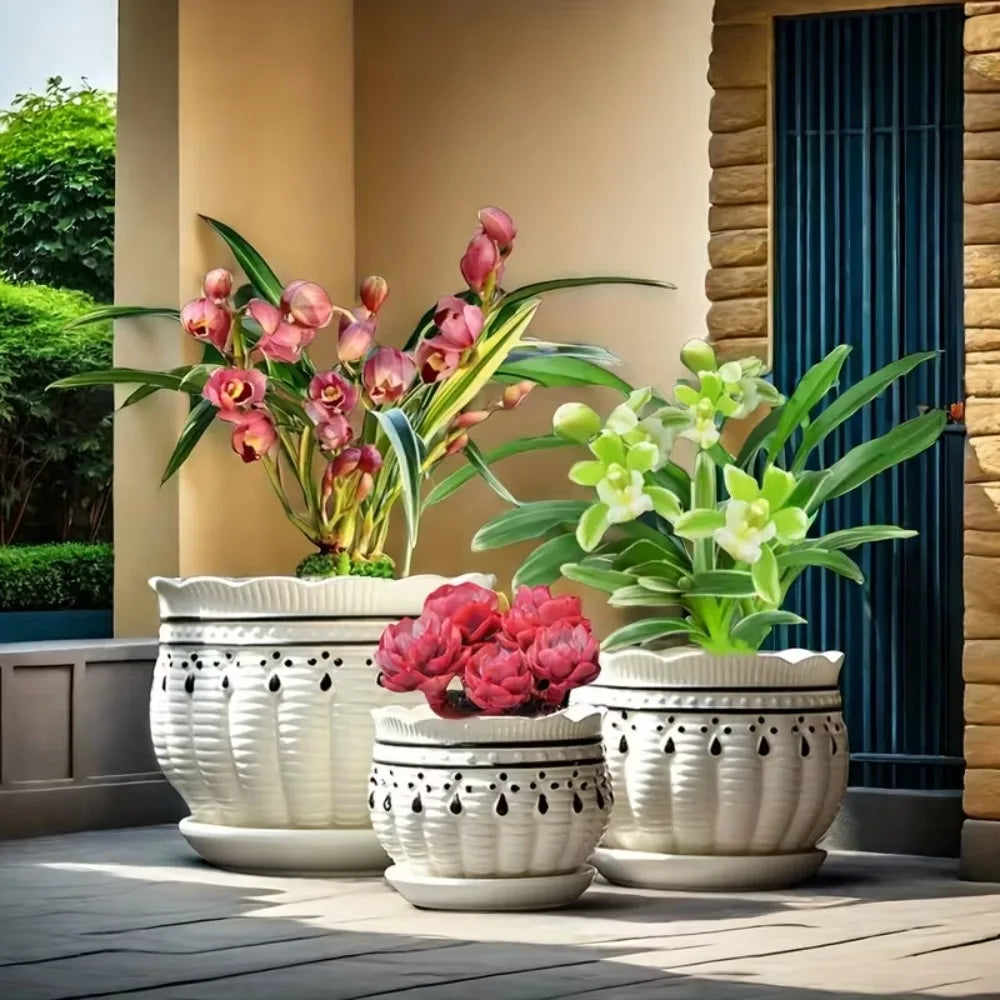 Ceramic Plant Pots Set of 3 Planters with Drainage Holes Flower Pot Outdoor Indoor Modern Decor for Garden Succulent Pots Qme White Black Set-3PCS