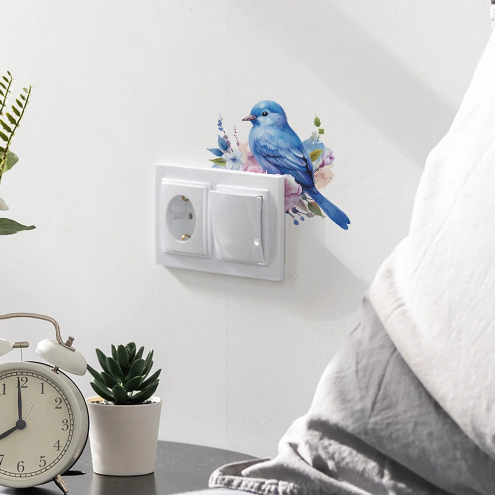 1PC Cartoon Bird Green Plant Flower Switch Paste Home Background Beautification Decorative Wall Stickers Qme
