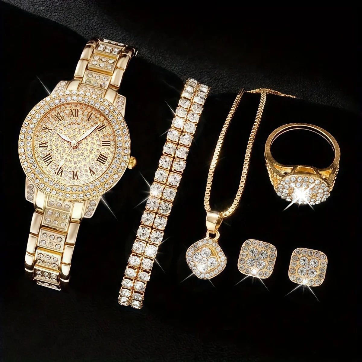 Full Diamond Roman Literal Steel Strip Watch with Starry Charm Business Quartz Watch Set Qme golden 1