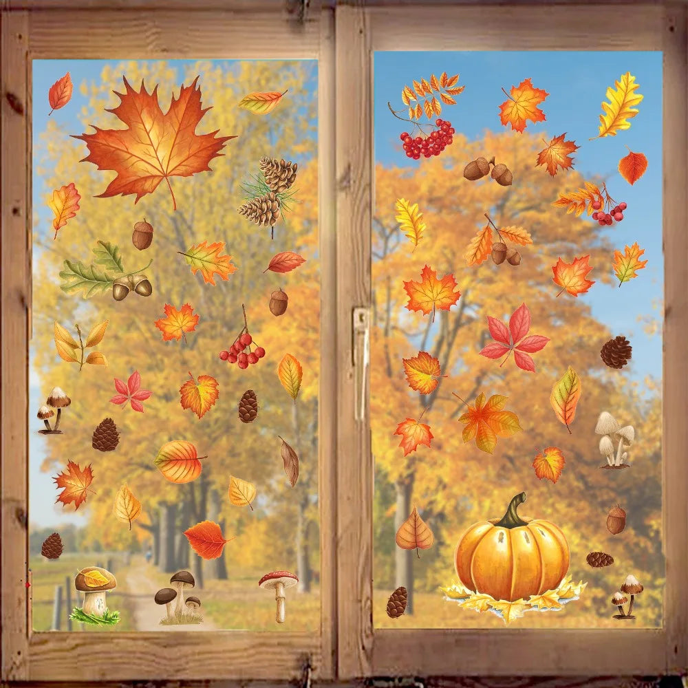 Fall Autumn Window Clings Stickers 5 Sheets Maple Leaves Pumpkin Nuts Qme