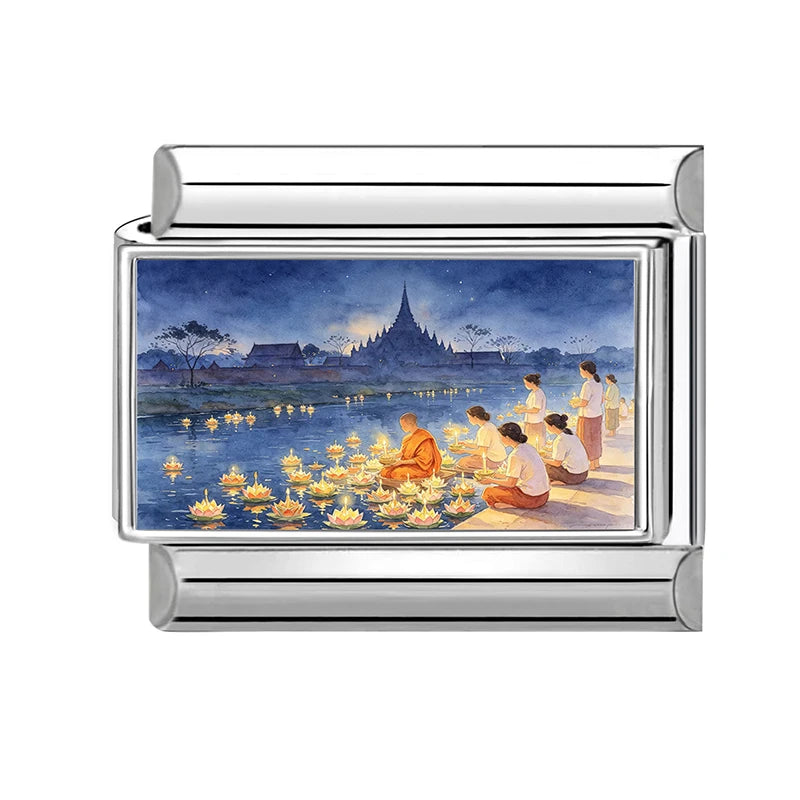 Floating Water Lanterns offer sacrifices Buddhist Lent Charms Italian Links Fit 9mm Bracelet Stainless Steel DIY Making Jewelrys Qme Style 17