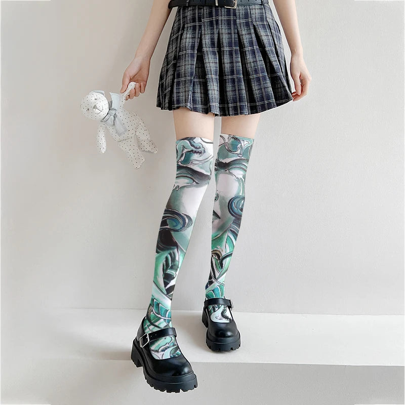 Women's Sexy Thigh-high Stockings Trend Tattoo Full Print Pattern 3D Qme