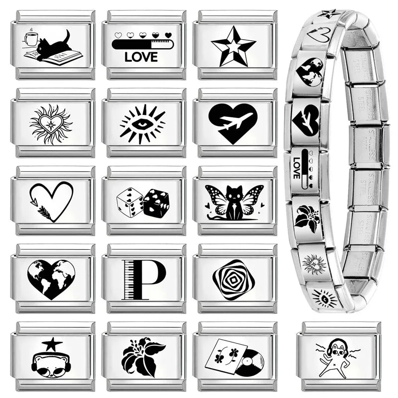 2026 Wholesale Fashion Cute Heart Italian Charm Links 9mm Stainless Steel Bracelet for Women DIY Jewelry Gift Bangle Accessories Qme